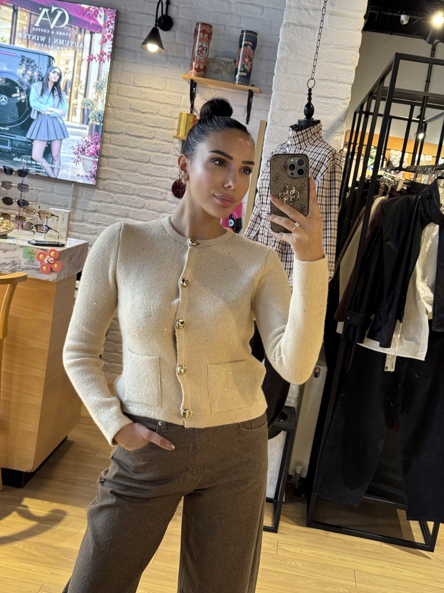 Bisiklet Yaka Pullu Hırka Bej