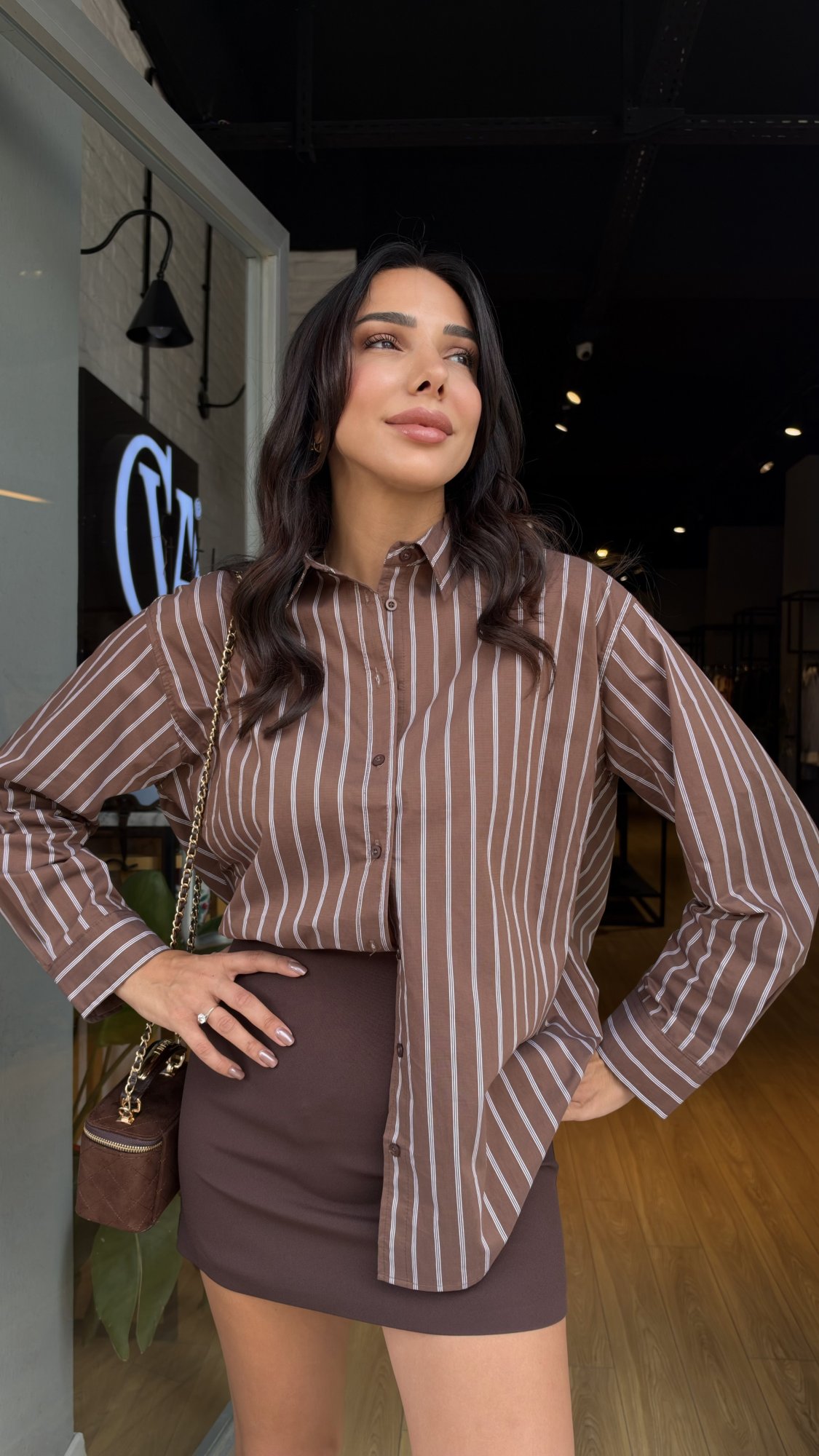 Çizgili Oversize Gömlek Kahverengi
