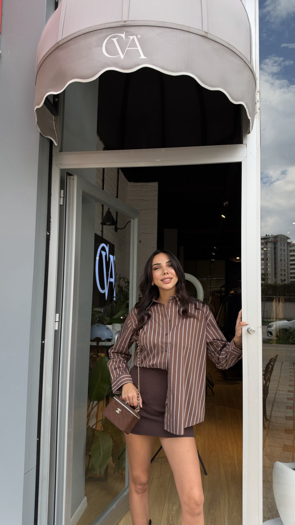 Çizgili Oversize Gömlek Kahverengi